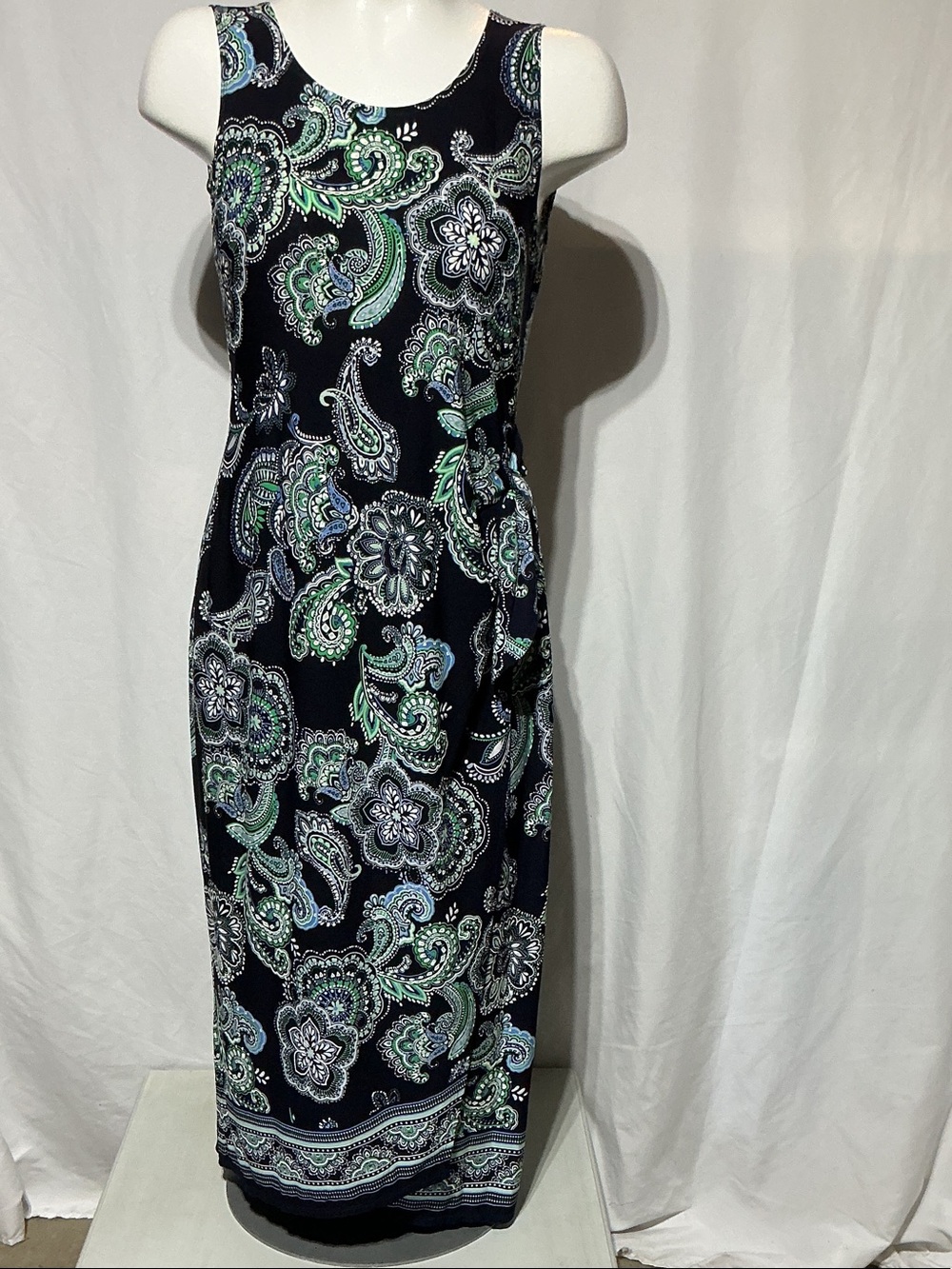 Robbie Bee Navy Round Neck Sarong Tye Paisley Print Midi Dress Sz L
